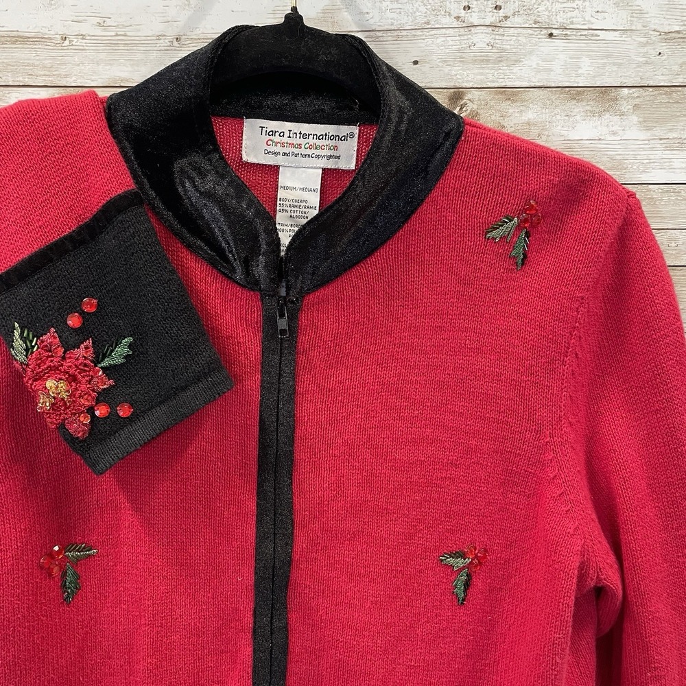 Tiara International‎ Womens M Christmas Sweater Red Zip Christmas Collection